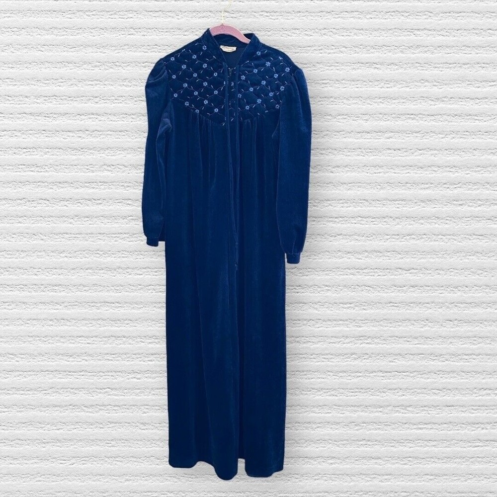 Vintage House Coat Night Gown Blue Velour High Neck Long Sleeve Modest One Size